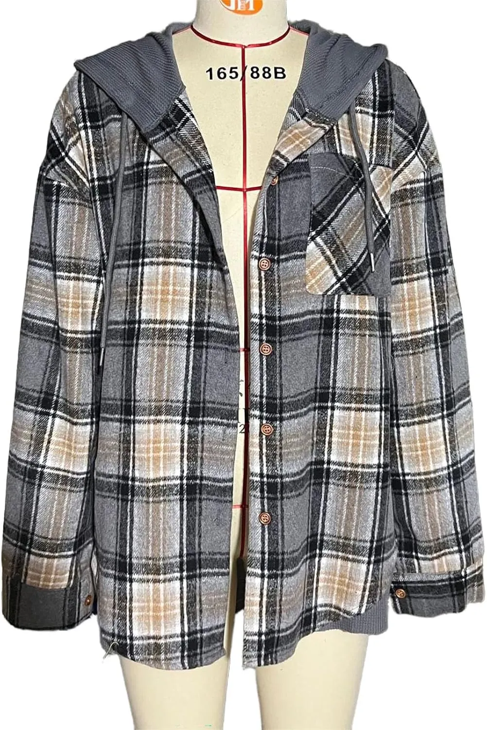 Women's Checked Wool Jacket Windbreaker Contrast Color Plaid Wool Blend Tartan Shacket Outwear with Hood
