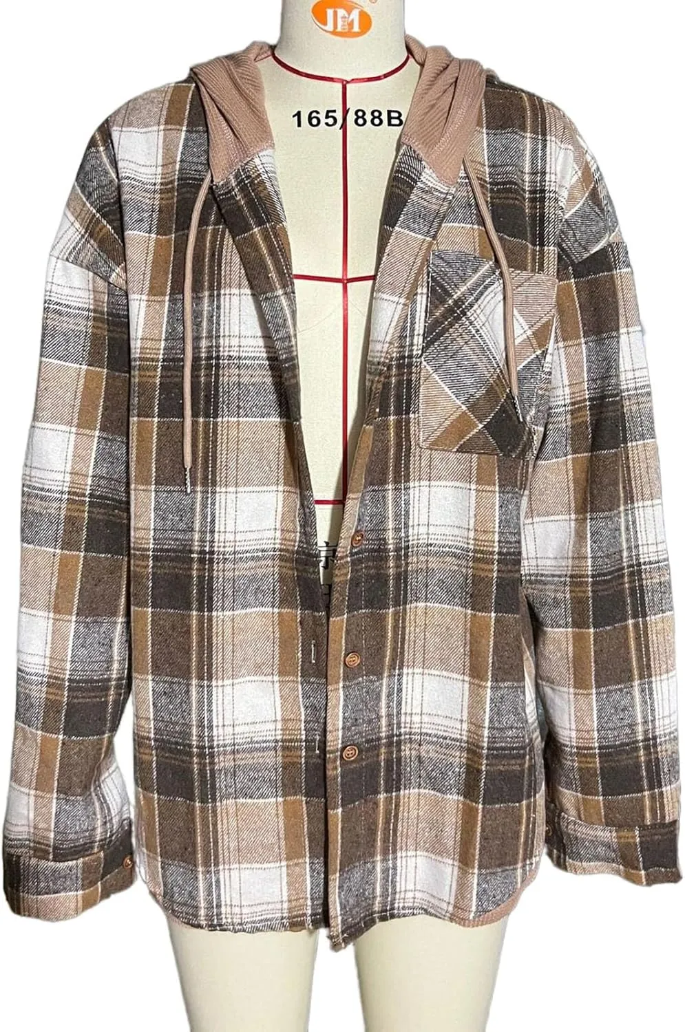 Women's Checked Wool Jacket Windbreaker Contrast Color Plaid Wool Blend Tartan Shacket Outwear with Hood