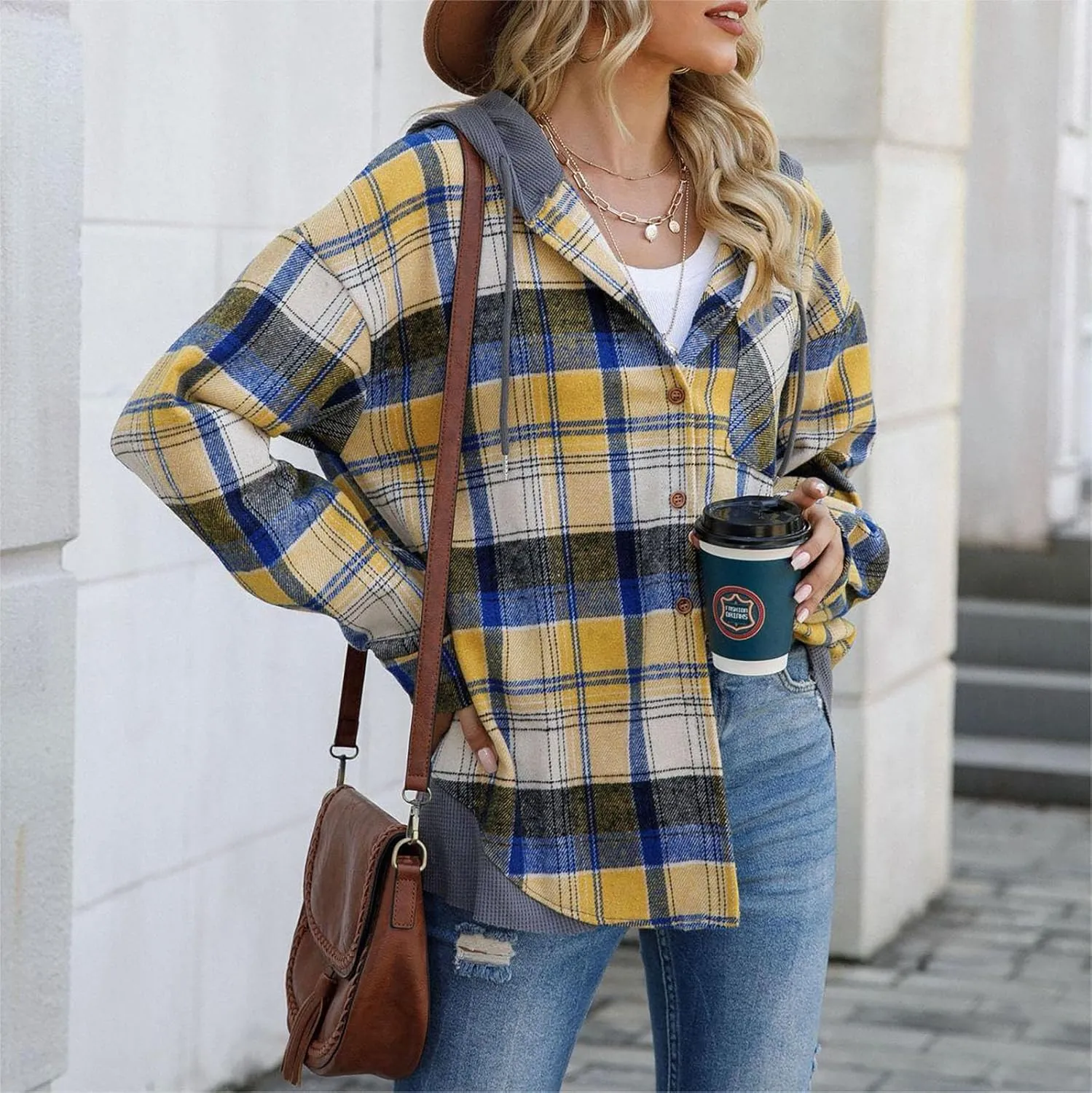 Women's Checked Wool Jacket Windbreaker Contrast Color Plaid Wool Blend Tartan Shacket Outwear with Hood