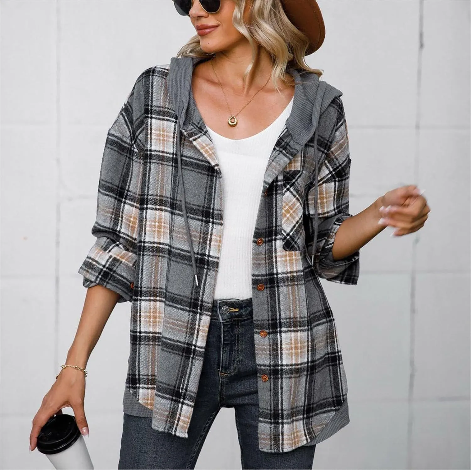 Women's Checked Wool Jacket Windbreaker Contrast Color Plaid Wool Blend Tartan Shacket Outwear with Hood