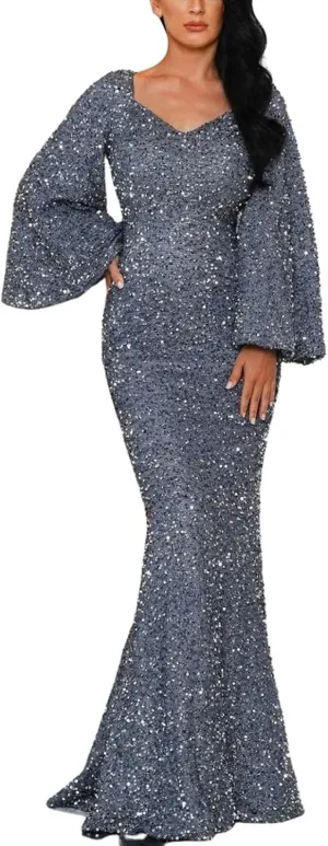 Women's Evening Dress Bridesmaid Dress Fashion V Neck Bodycon Sequin Dress with Flared Sleeves Mid Waist Long