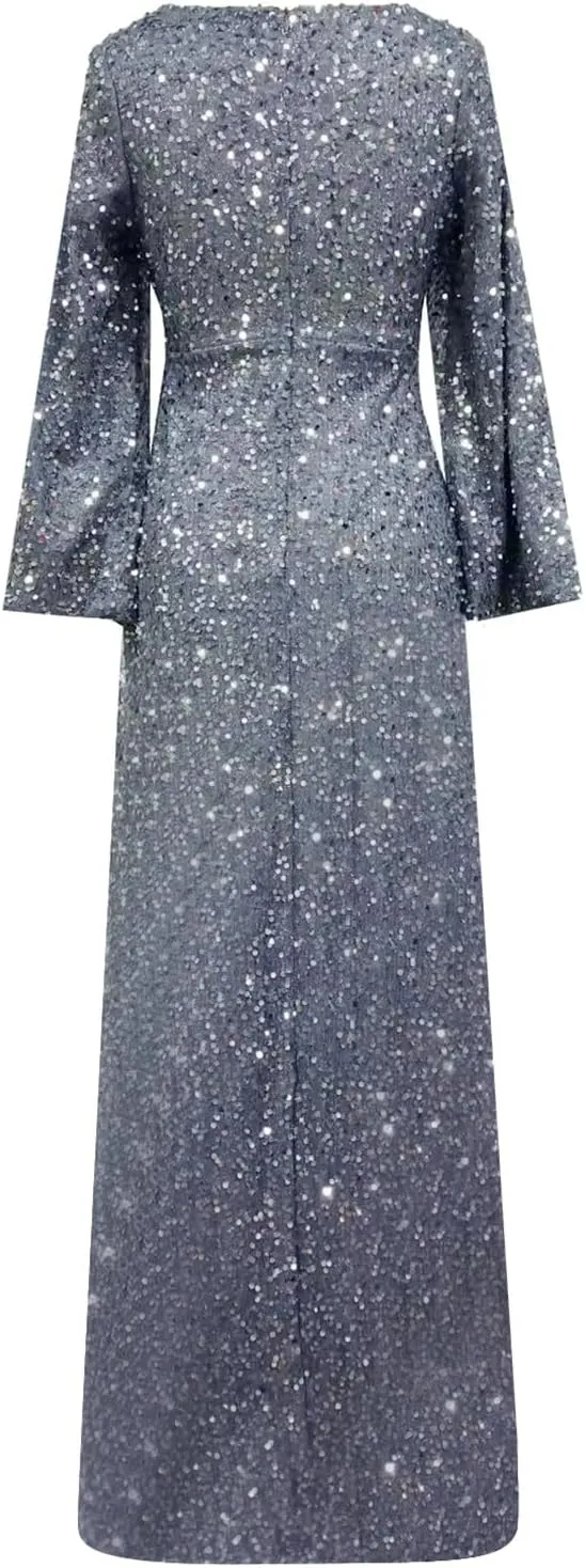 Women's Evening Dress Bridesmaid Dress Fashion V Neck Bodycon Sequin Dress with Flared Sleeves Mid Waist Long