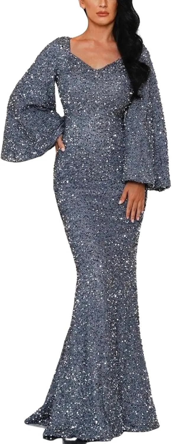 Women's Evening Dress Bridesmaid Dress Fashion V Neck Bodycon Sequin Dress with Flared Sleeves Mid Waist Long
