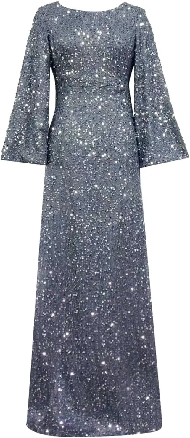 Women's Evening Dress Bridesmaid Dress Fashion V Neck Bodycon Sequin Dress with Flared Sleeves Mid Waist Long