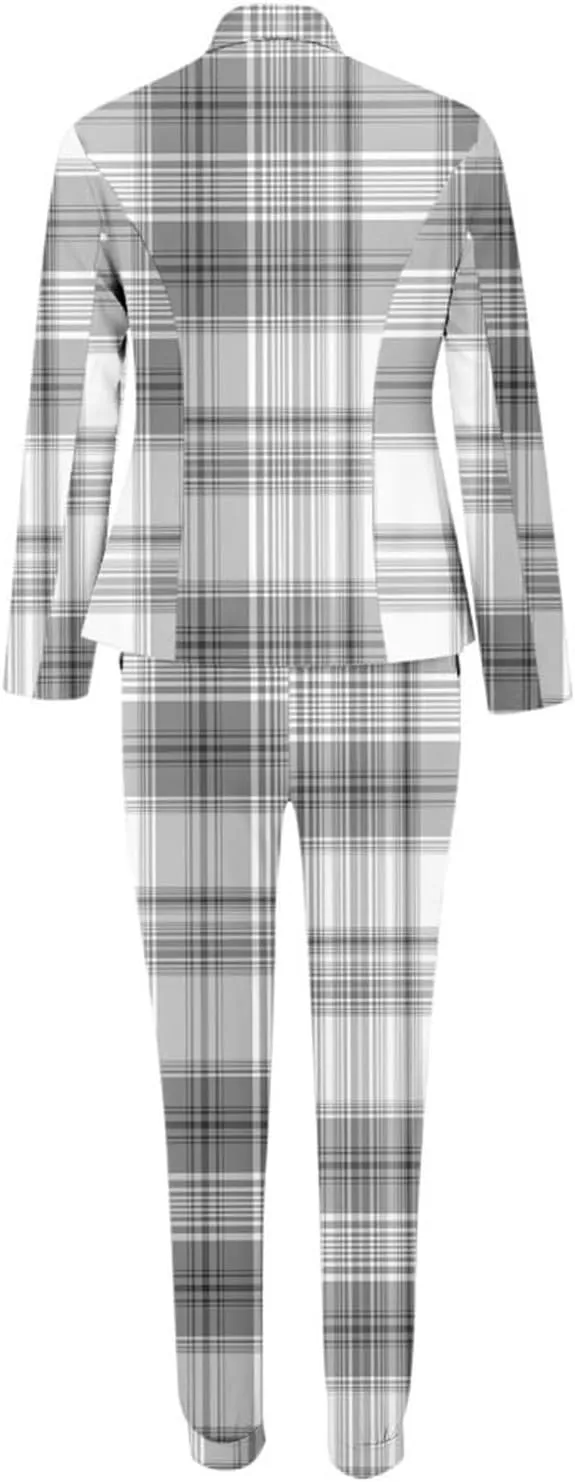 Women's Fall 2 Piece Blazer Outfits Business Casual Plaid Oversized Jacket Slim Taper Fit Work Pants Dressy Suit Set