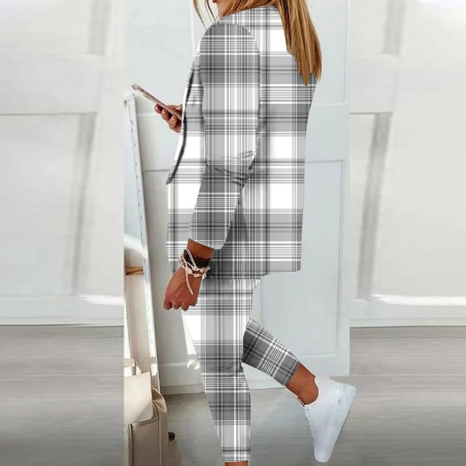 Women's Fall 2 Piece Blazer Outfits Business Casual Plaid Oversized Jacket Slim Taper Fit Work Pants Dressy Suit Set