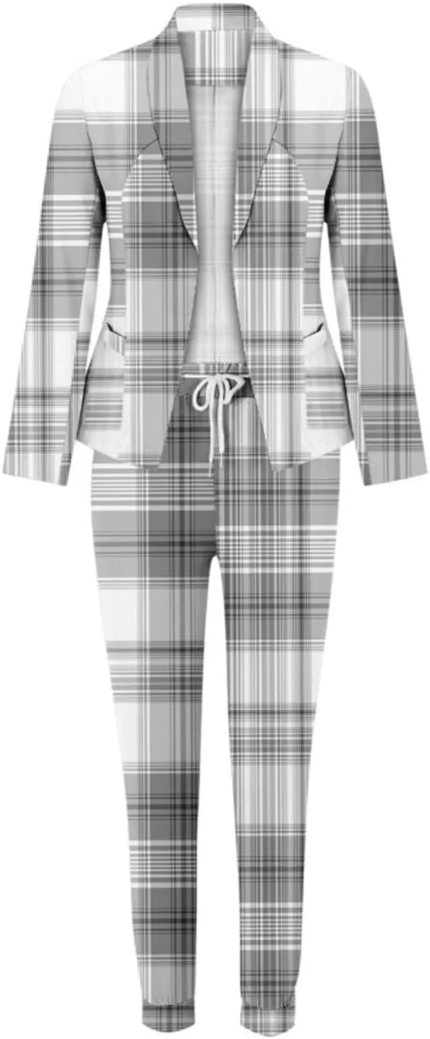 Women's Fall 2 Piece Blazer Outfits Business Casual Plaid Oversized Jacket Slim Taper Fit Work Pants Dressy Suit Set