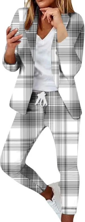 Women's Fall 2 Piece Blazer Outfits Business Casual Plaid Oversized Jacket Slim Taper Fit Work Pants Dressy Suit Set