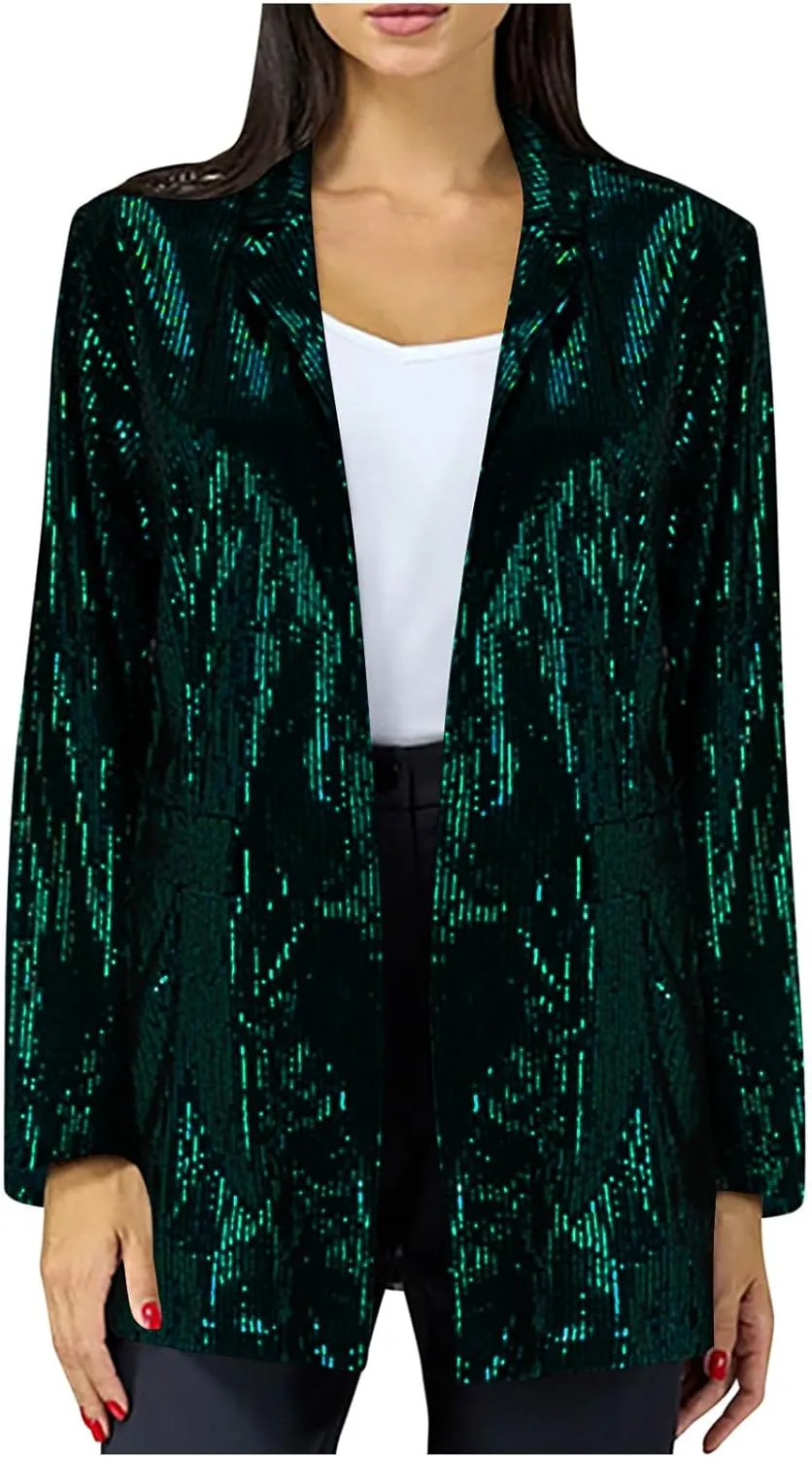 Women's Fashion Shiny Blazer Sequins Print Long Sleeve Blazer Jacket Oversized Fall Solid Color Blazer Suit Cardigan
