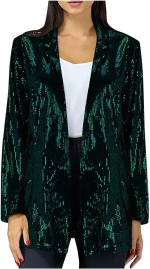 Women's Fashion Shiny Blazer Sequins Print Long Sleeve Blazer Jacket Oversized Fall Solid Color Blazer Suit Cardigan