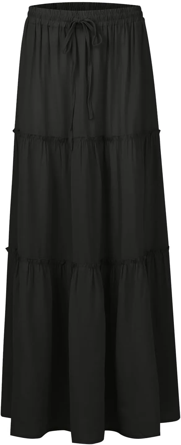 Women's Floral Print Midi Skirts 2025 Summer Aline Elastic High Waist Pleated Flowy Long Skirt Pockets Cute Skirts