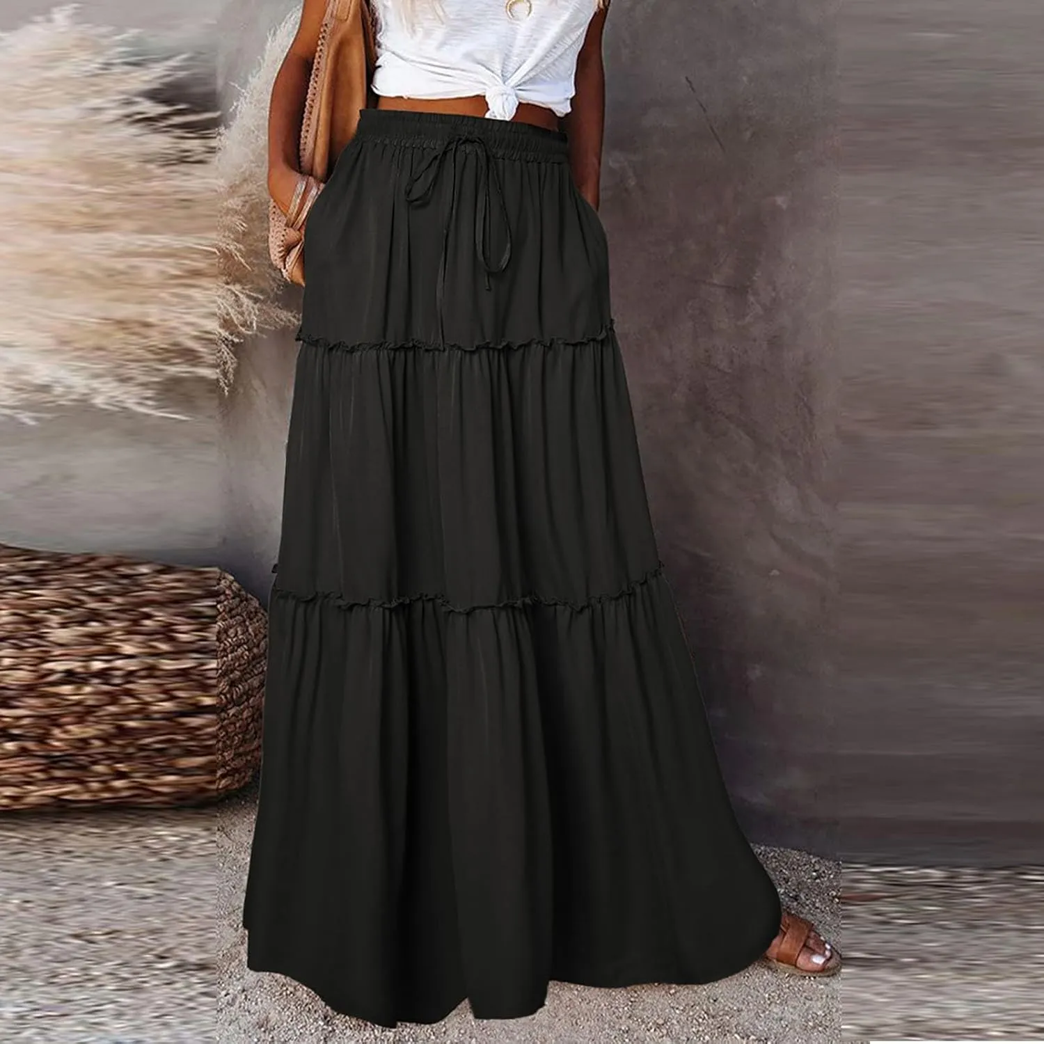 Women's Floral Print Midi Skirts 2025 Summer Aline Elastic High Waist Pleated Flowy Long Skirt Pockets Cute Skirts