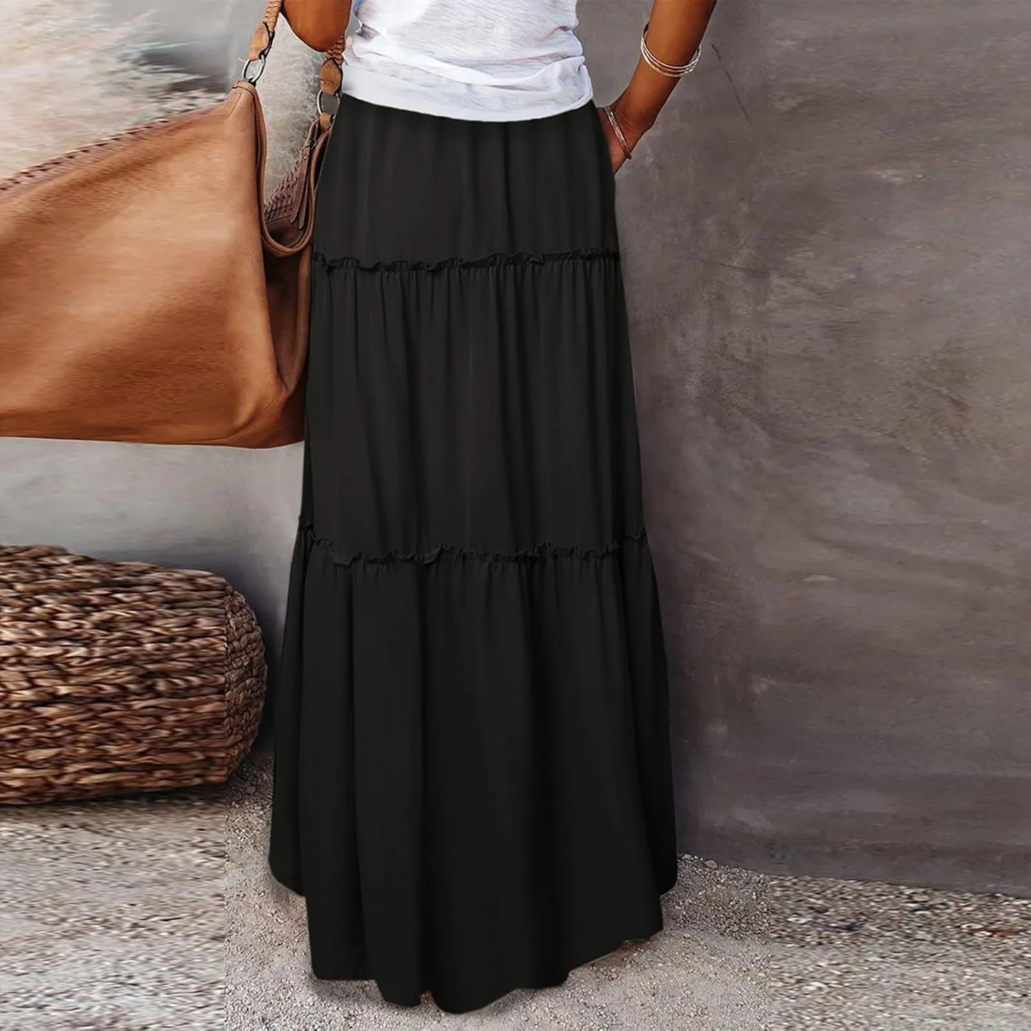 Women's Floral Print Midi Skirts 2025 Summer Aline Elastic High Waist Pleated Flowy Long Skirt Pockets Cute Skirts