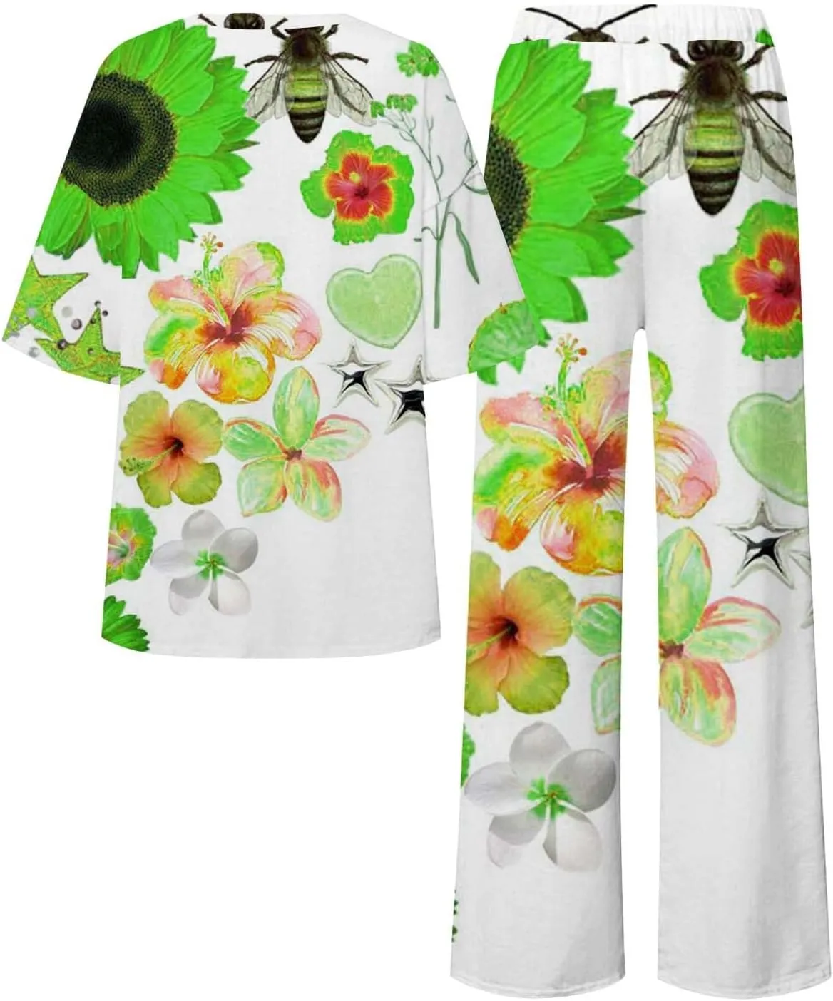 Women's Floral Printed Pajama Sets Plus Size Short Sleeve Tops and Wide Leg Long Boho Pants Cotton Casual Sleepware