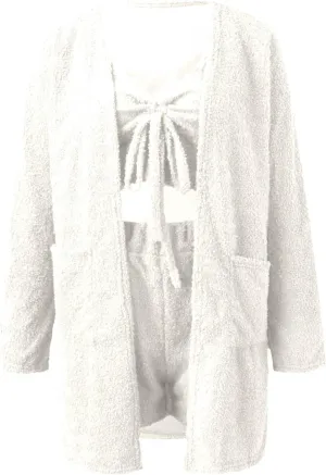 Women's Fuzzy 3 Piece Lounge Set Open Front Cardigan Crop Tank Tops and Shorts Sleepwear Lounge Outfits