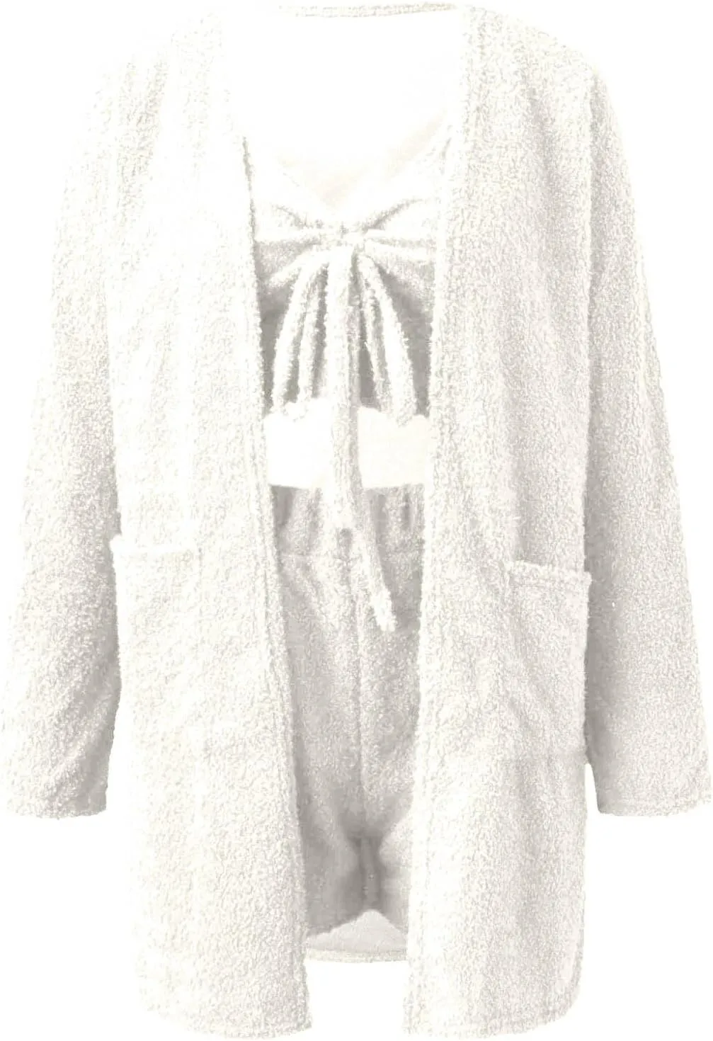 Women's Fuzzy 3 Piece Lounge Set Open Front Cardigan Crop Tank Tops and Shorts Sleepwear Lounge Outfits