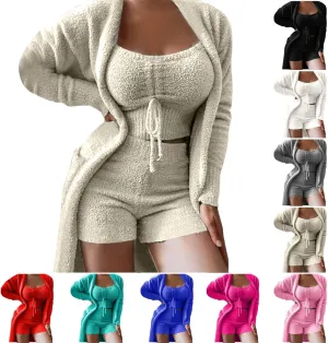Women's Fuzzy 3 Piece Lounge Set Open Front Cardigan Crop Tank Tops and Shorts Sleepwear Lounge Outfits
