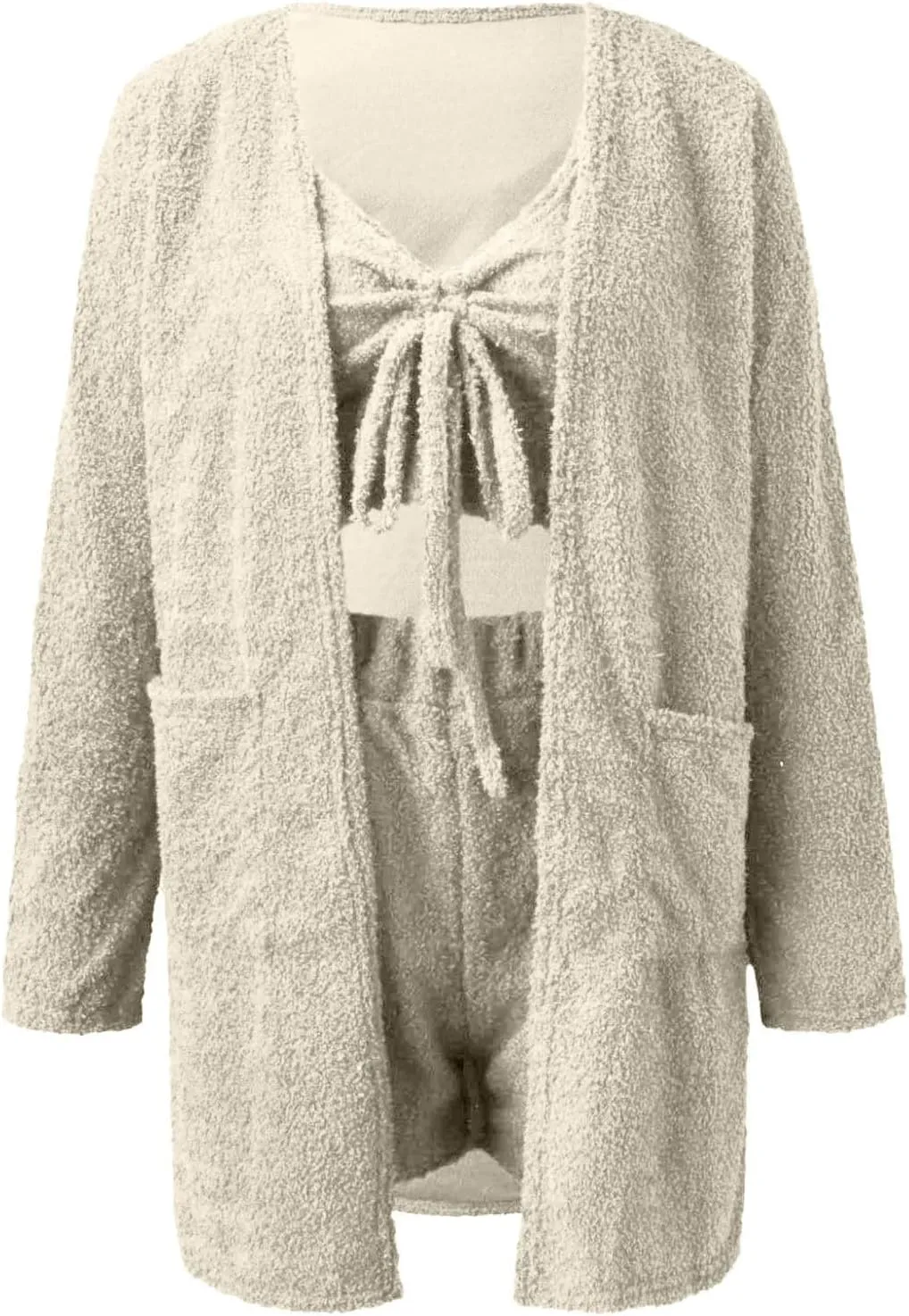Women's Fuzzy 3 Piece Lounge Set Open Front Cardigan Crop Tank Tops and Shorts Sleepwear Lounge Outfits