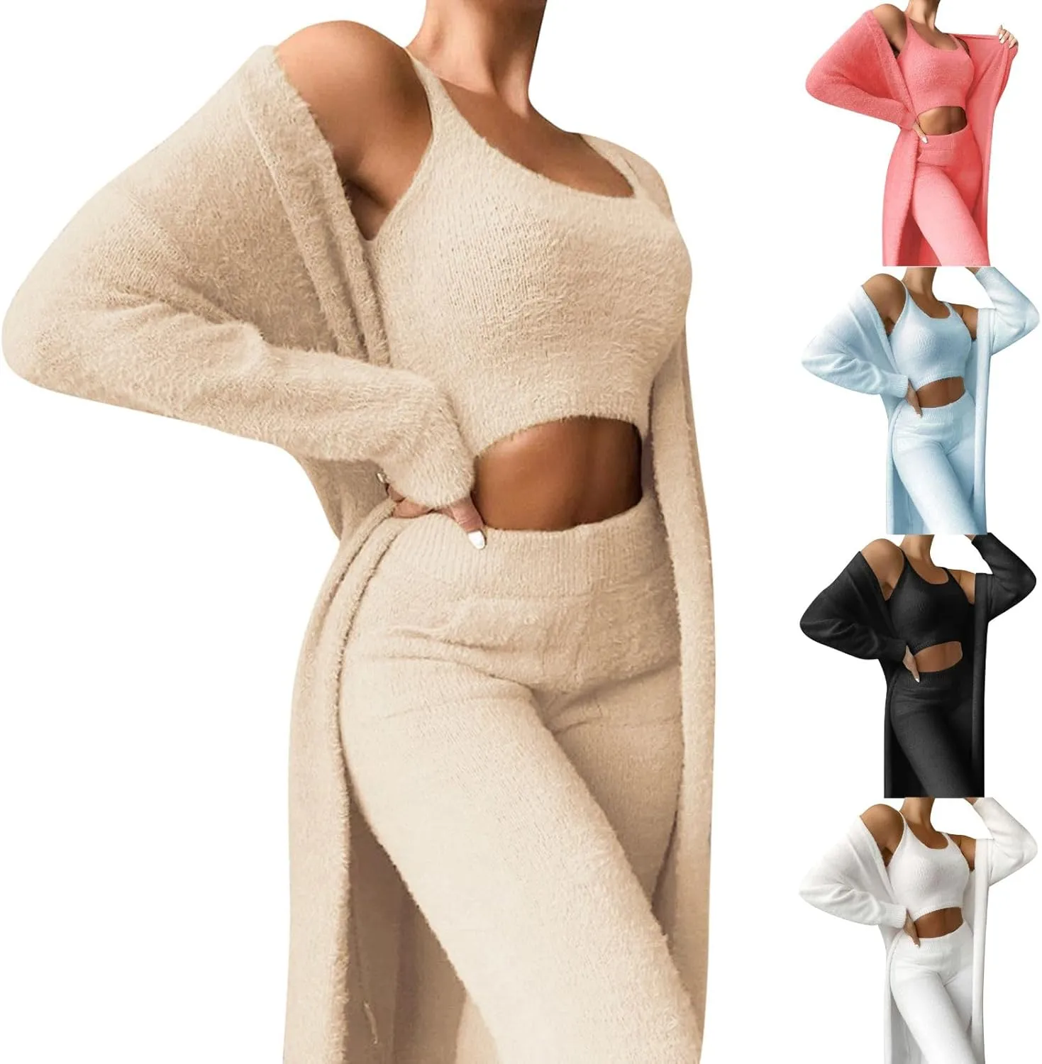 Womens Fuzzy 3 Piece Sweatsuit Fleece Open Front Cardigan Crop Tank Top & Bodycon Pants Loungewear Sets