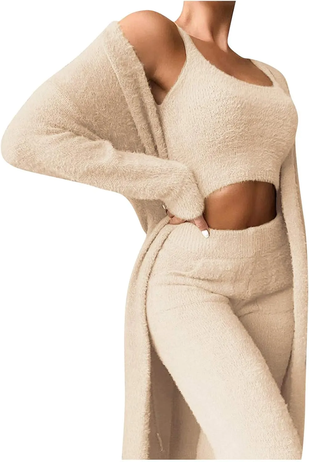 Womens Fuzzy 3 Piece Sweatsuit Fleece Open Front Cardigan Crop Tank Top & Bodycon Pants Loungewear Sets