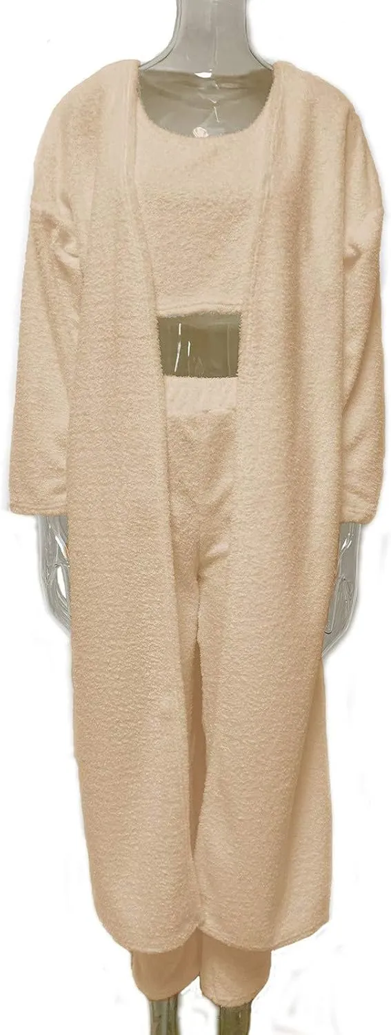 Womens Fuzzy 3 Piece Sweatsuit Fleece Open Front Cardigan Crop Tank Top & Bodycon Pants Loungewear Sets