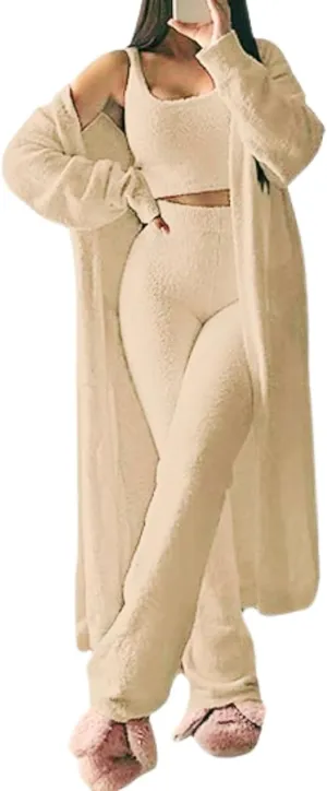 Womens Fuzzy 3 Piece Sweatsuit Fleece Open Front Cardigan Crop Tank Top & Bodycon Pants Loungewear Sets