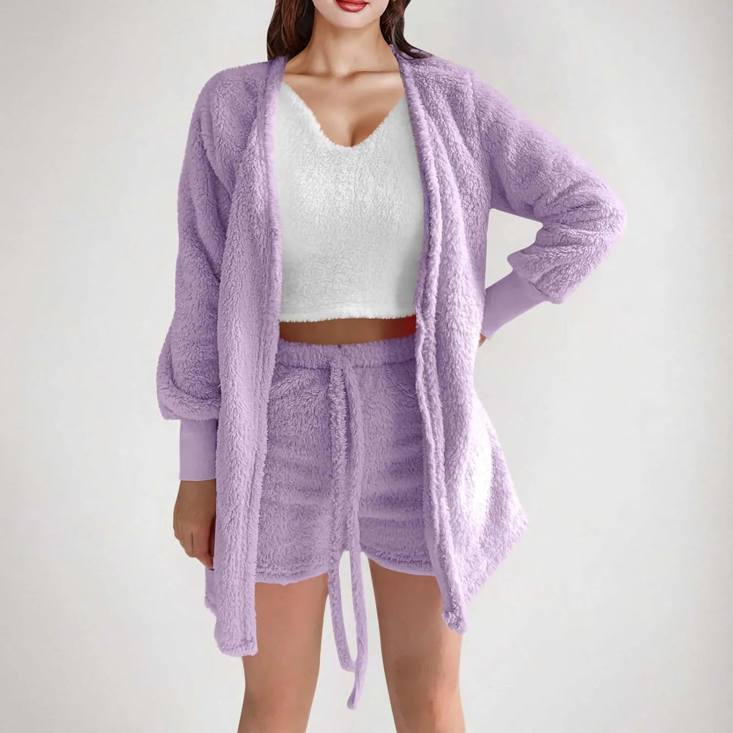 Women's Fuzzy Outfits 4 Piece Sherpa Cardigan Crop Tank Tops Shorts and Wide Legs Pants Lounge Sets