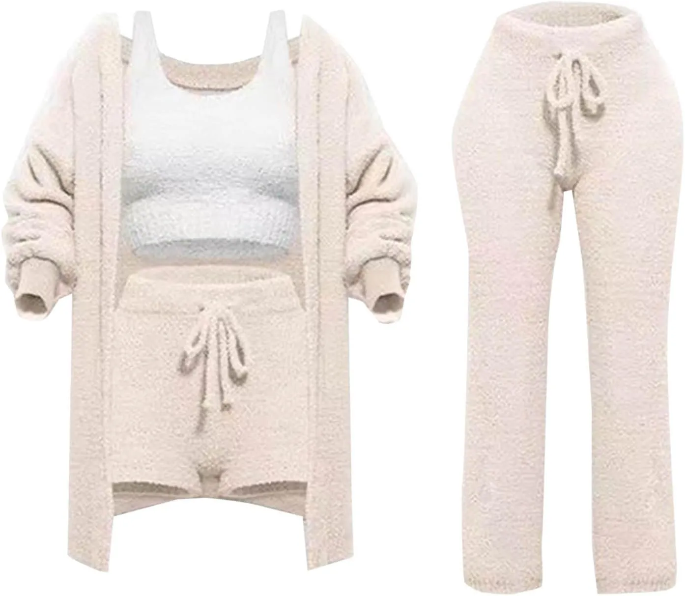 Women's Fuzzy Outfits 4 Piece Sherpa Cardigan Crop Tank Tops Shorts and Wide Legs Pants Lounge Sets
