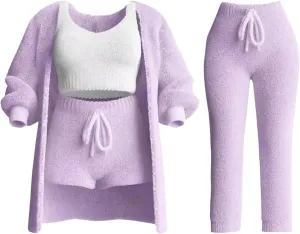 Women's Fuzzy Outfits 4 Piece Sherpa Cardigan Crop Tank Tops Shorts and Wide Legs Pants Lounge Sets