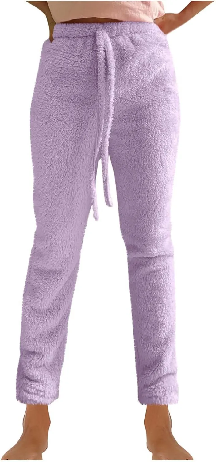 Women's Fuzzy Outfits 4 Piece Sherpa Cardigan Crop Tank Tops Shorts and Wide Legs Pants Lounge Sets