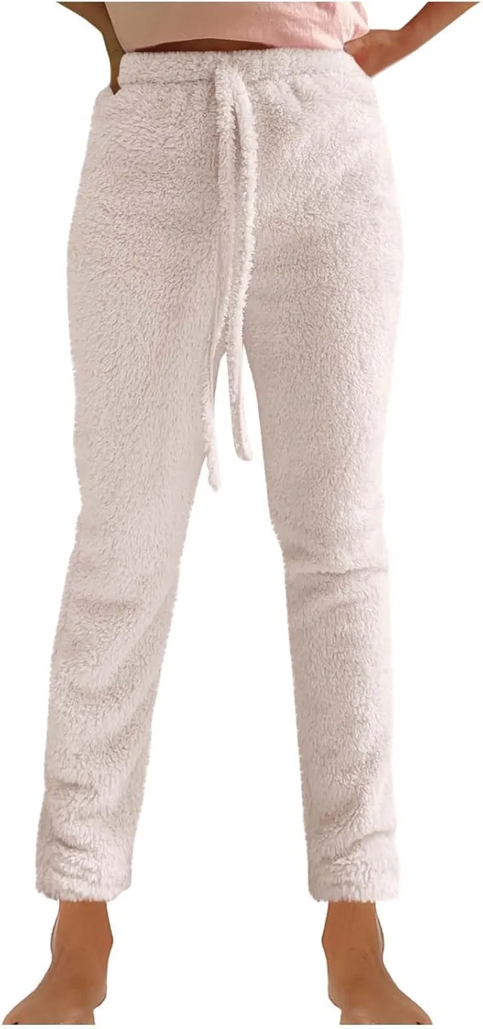 Women's Fuzzy Outfits 4 Piece Sherpa Cardigan Crop Tank Tops Shorts and Wide Legs Pants Lounge Sets