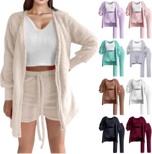 Women's Fuzzy Outfits 4 Piece Sherpa Cardigan Crop Tank Tops Shorts and Wide Legs Pants Lounge Sets