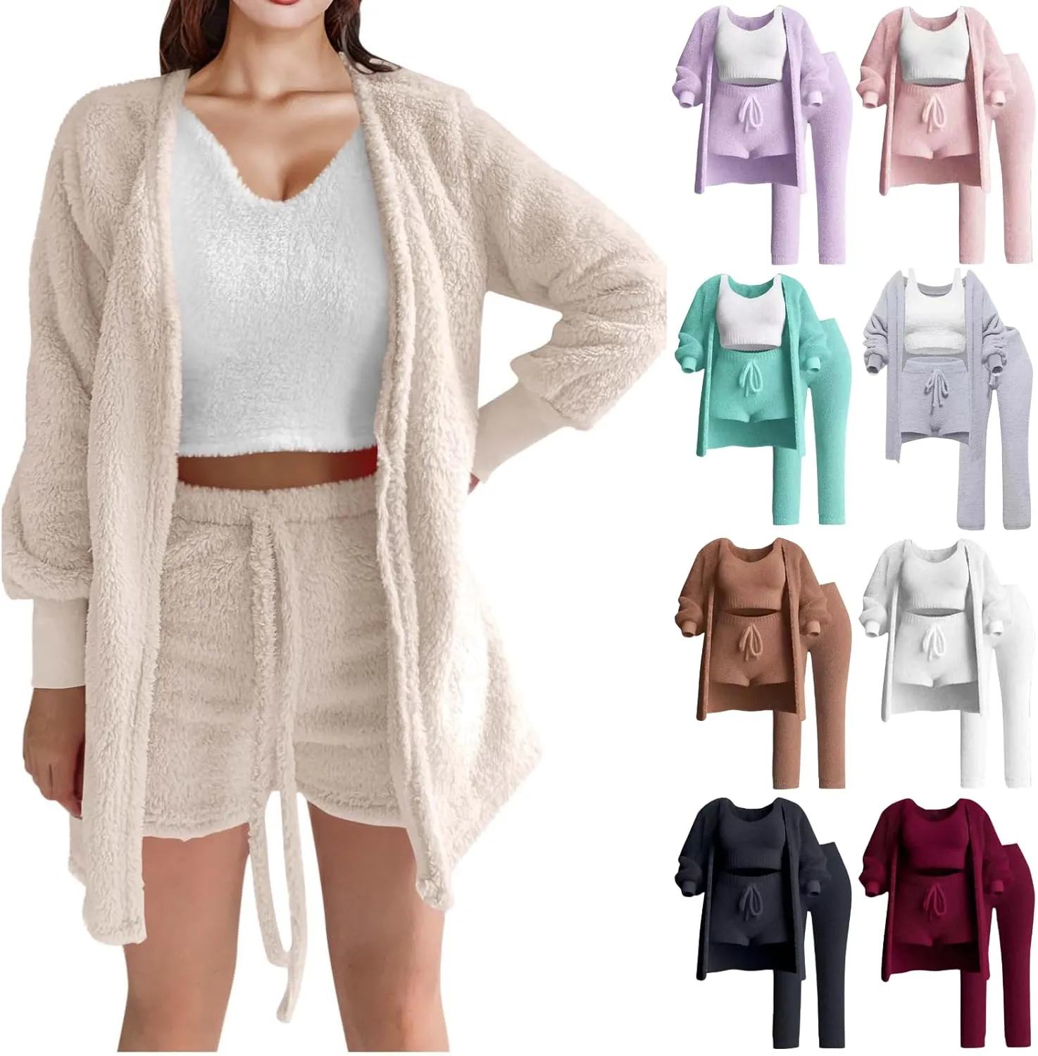 Women's Fuzzy Outfits 4 Piece Sherpa Cardigan Crop Tank Tops Shorts and Wide Legs Pants Lounge Sets