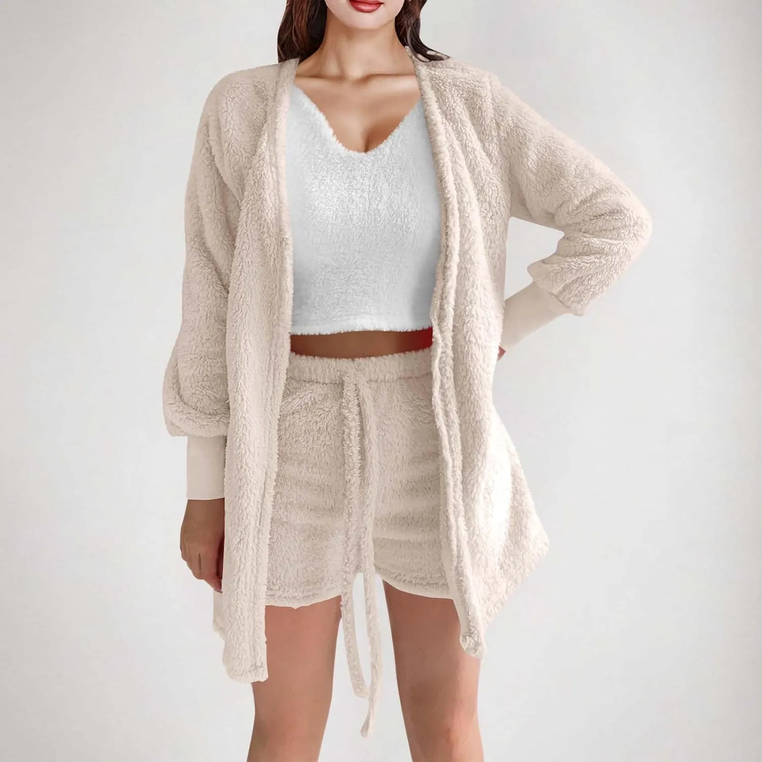 Women's Fuzzy Outfits 4 Piece Sherpa Cardigan Crop Tank Tops Shorts and Wide Legs Pants Lounge Sets