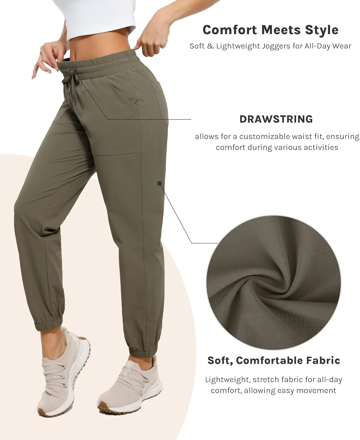 Womens Golf Pants Quick Dry Ultra Light Stretch Pockets Soft Workout Pants for Travel with Inside Drawstrings