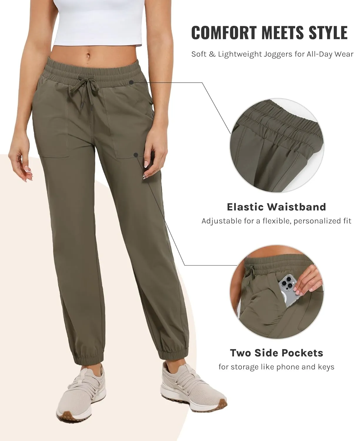 Womens Golf Pants Quick Dry Ultra Light Stretch Pockets Soft Workout Pants for Travel with Inside Drawstrings