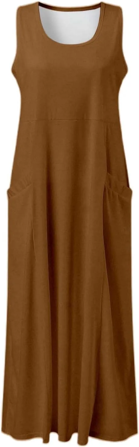 Womens Gradient Linen Sleeveless Casual Maxi Dress with Pockets Round Neck Long A Line Dress Summer Cocktail