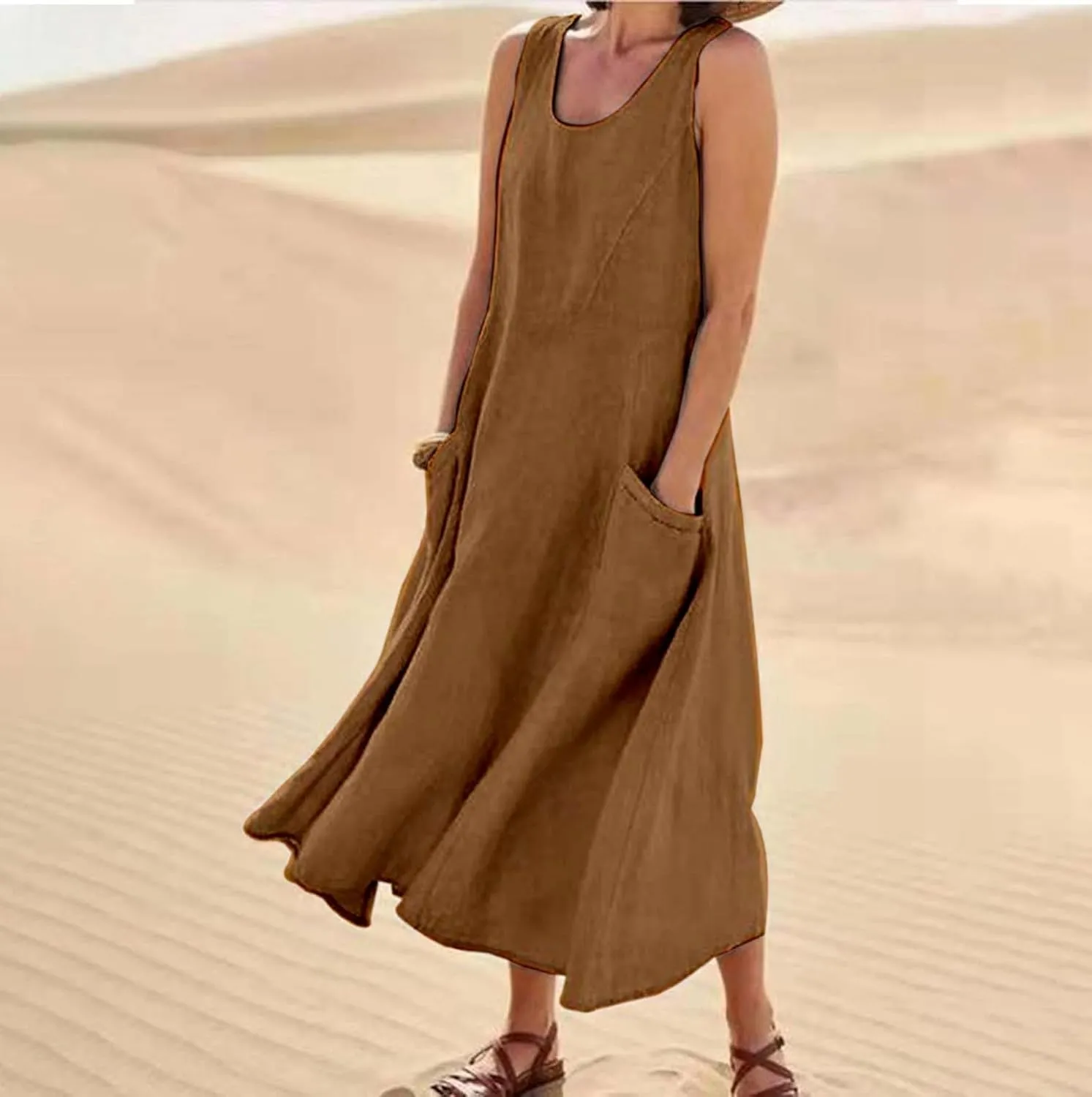 Womens Gradient Linen Sleeveless Casual Maxi Dress with Pockets Round Neck Long A Line Dress Summer Cocktail