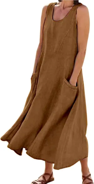 Womens Gradient Linen Sleeveless Casual Maxi Dress with Pockets Round Neck Long A Line Dress Summer Cocktail