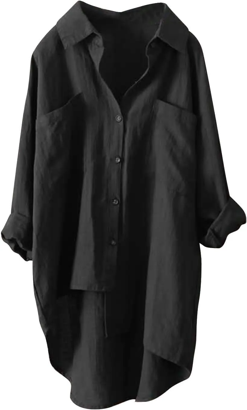 Womens Linen Button Down Shirts Linen Blouse Womens Button Down Shirts Pockets Tops Collared for