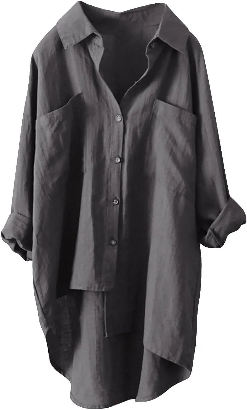 Womens Linen Button Down Shirts Linen Blouse Womens Button Down Shirts Pockets Tops Collared for