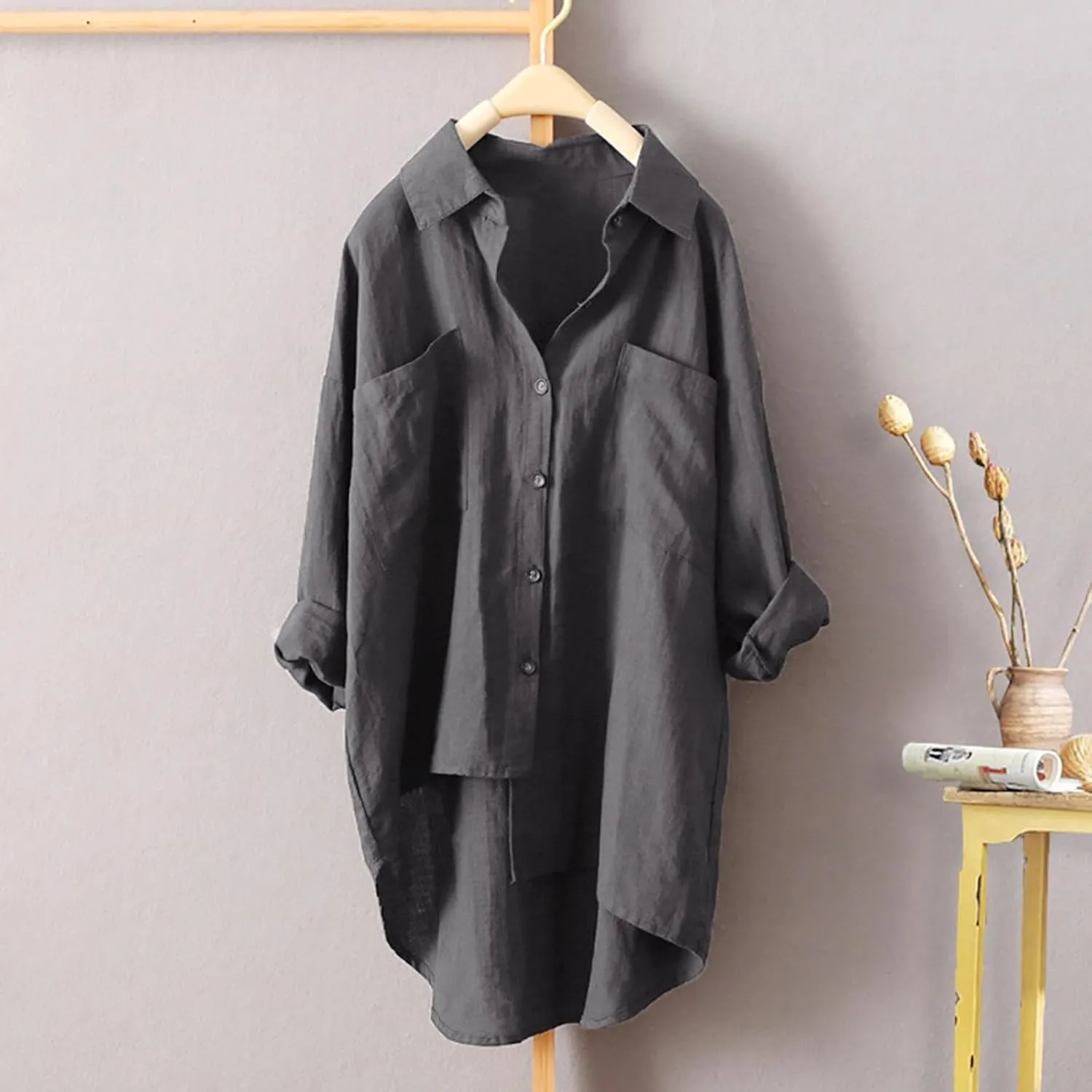 Womens Linen Button Down Shirts Linen Blouse Womens Button Down Shirts Pockets Tops Collared for