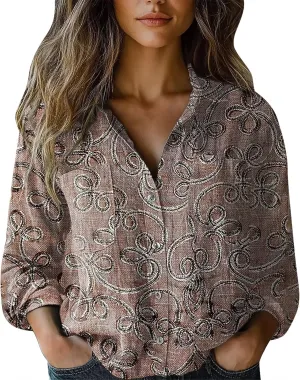 Womens Linen Button Down Shirts Linen Blouse Womens Button Down Shirts Pockets Tops Collared for