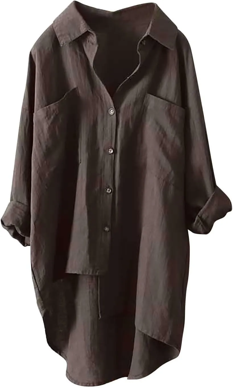 Womens Linen Button Down Shirts Linen Blouse Womens Button Down Shirts Pockets Tops Collared for