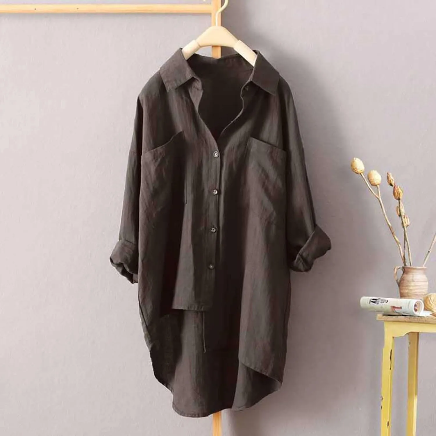 Womens Linen Button Down Shirts Linen Blouse Womens Button Down Shirts Pockets Tops Collared for