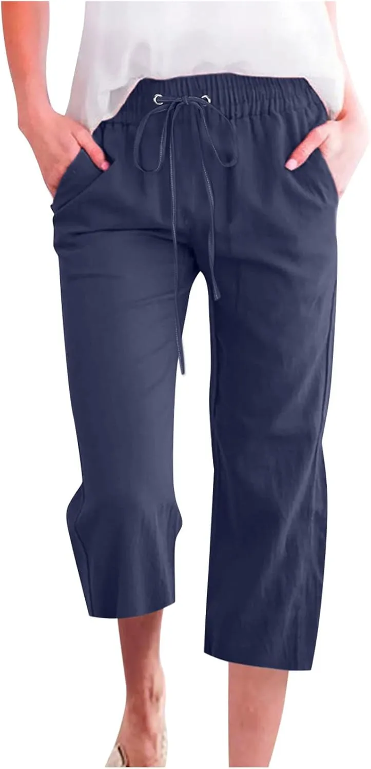 Women's Linen Capris Fashion Tapered Crop Pants Drawstring Elastic Waist Yoga Pants 2024 Casual Summer Pants