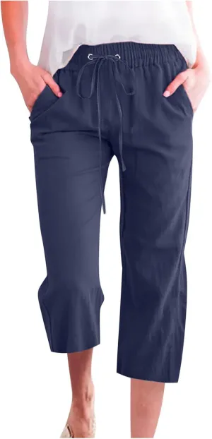 Women's Linen Capris Fashion Tapered Crop Pants Drawstring Elastic Waist Yoga Pants 2024 Casual Summer Pants
