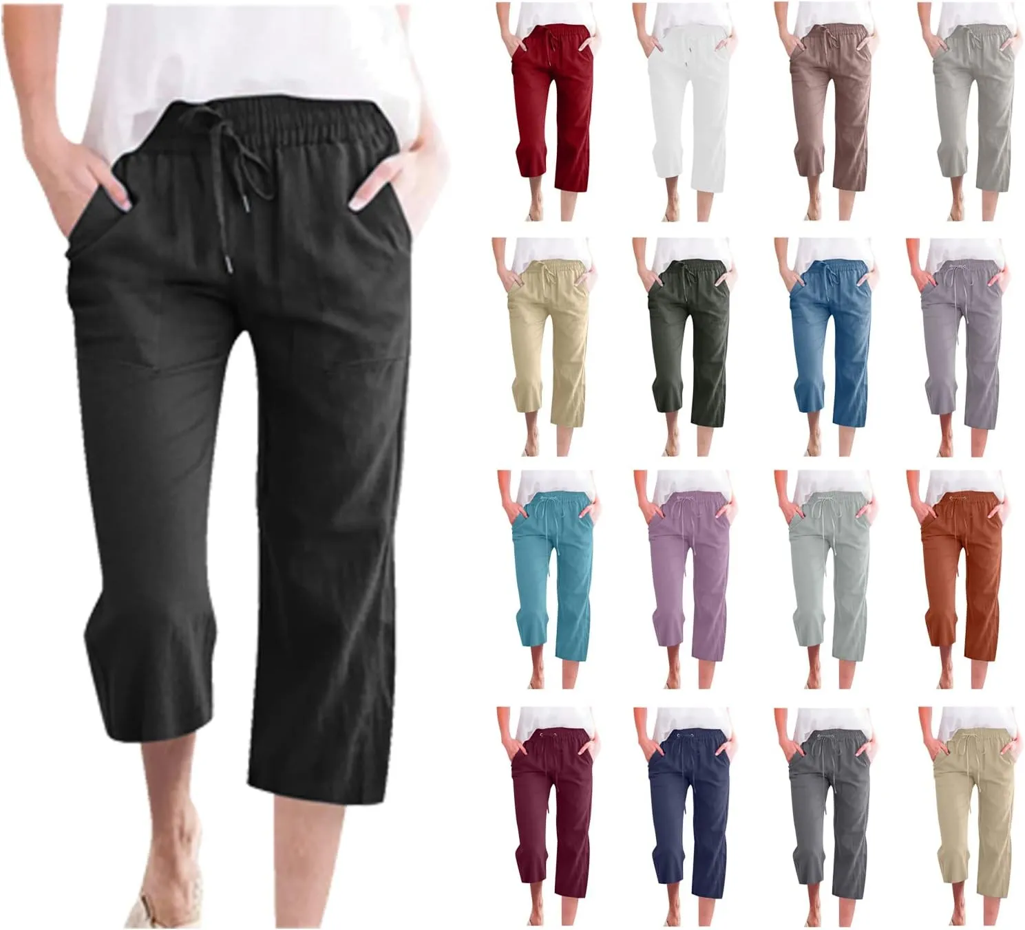 Women's Linen Capris Fashion Tapered Crop Pants Drawstring Elastic Waist Yoga Pants 2024 Casual Summer Pants