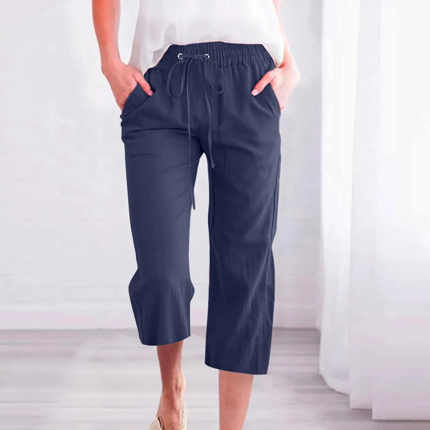 Women's Linen Capris Fashion Tapered Crop Pants Drawstring Elastic Waist Yoga Pants 2024 Casual Summer Pants
