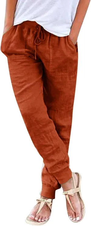 Womens Linen Tapered Pants Summer Lightweight Casual High Waisted Beach Pants Loose Drawstring Trousers with Pockets